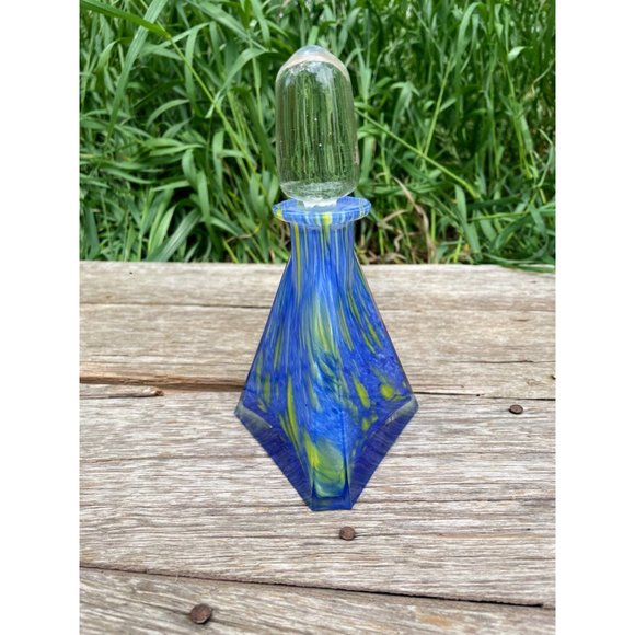 Vintage 1960s MCM Art Glass Petite Decanter Blue Yellow Swirl - Picture 13 of 16